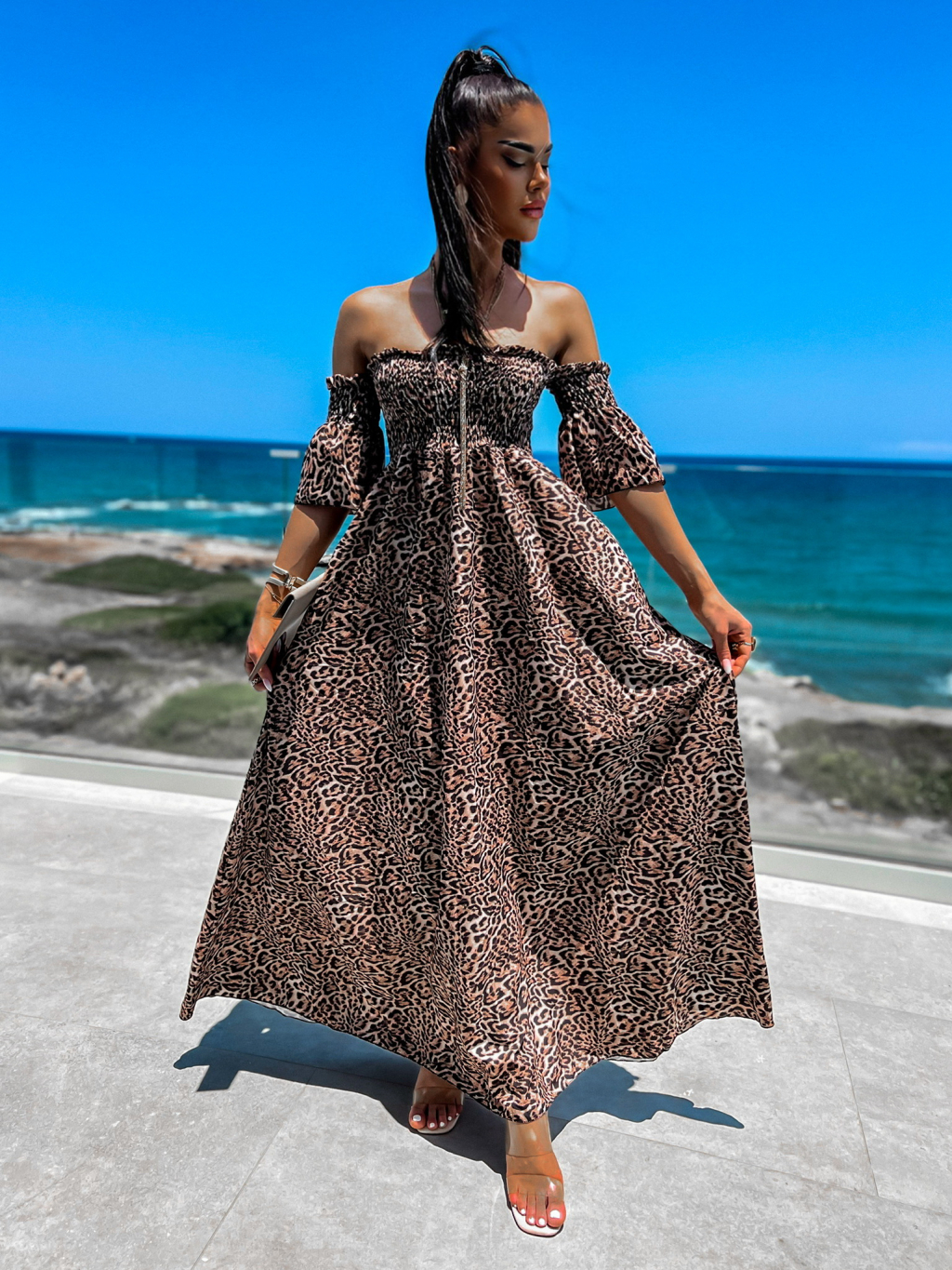 Hnědé dlouhé elegantní šaty MARIGOL s gepardím vzorem
