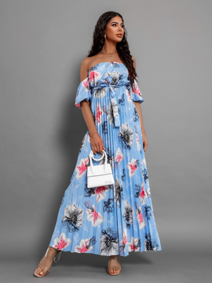Světle modré elegantní šaty AMONA s květinovým vzorem