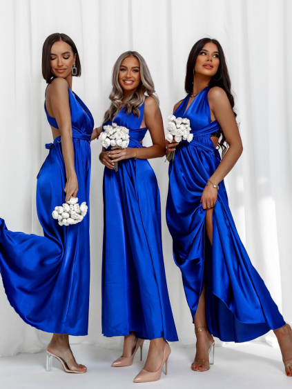 Královsky modré lesklé šaty VALERDI s variabilním vázáním / bez rozparku