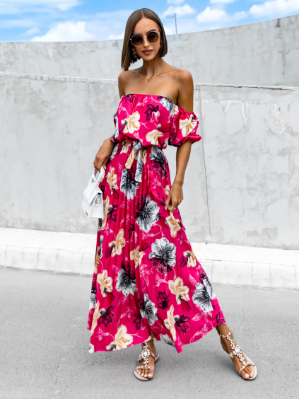 Tmavě růžové elegantní šaty AMONA s květinovým vzorem