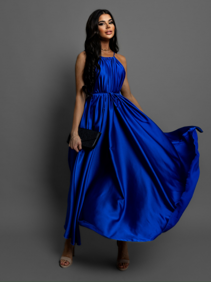 Královsky modré dlouhé lesklé elegantní šaty MADES se zavazováním