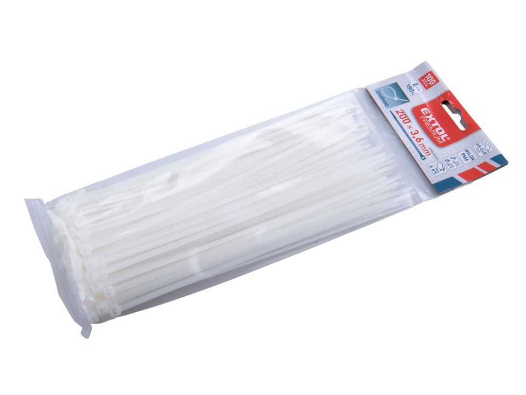 EXTOL PREMIUM 8856106 pásky stahovací bílé, 200x3,6mm, 100ks, nylon