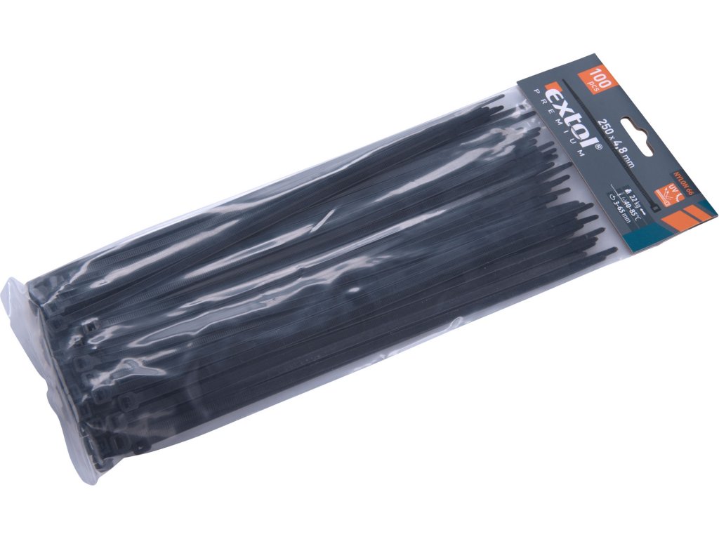 EXTOL PREMIUM 8856160 pásky stahovací černé, 250x4,8mm, 100ks, nylon