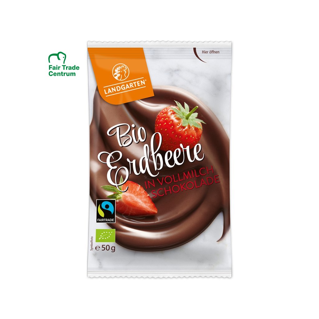 Fair trade bio sušené jahody v bio mléčné čokoládě