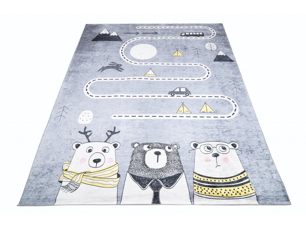 Dětský koberec Emma Kids - cestička a medvídci - šedý