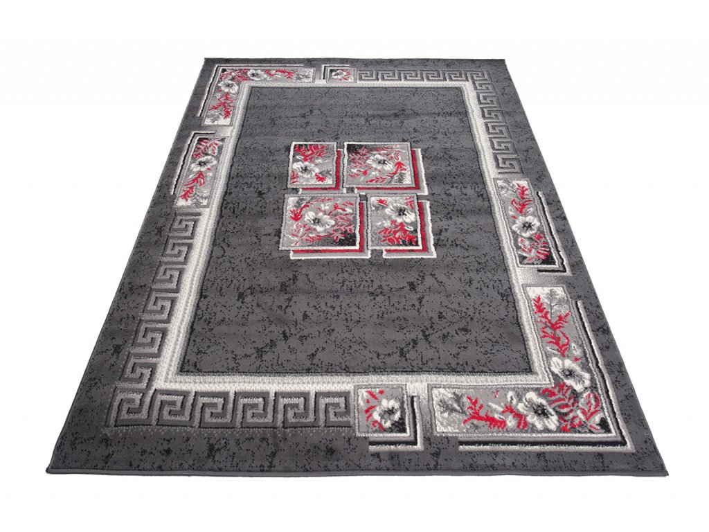 Moderní koberec Tap - čtverce a květiny 2 - tmavě šedý