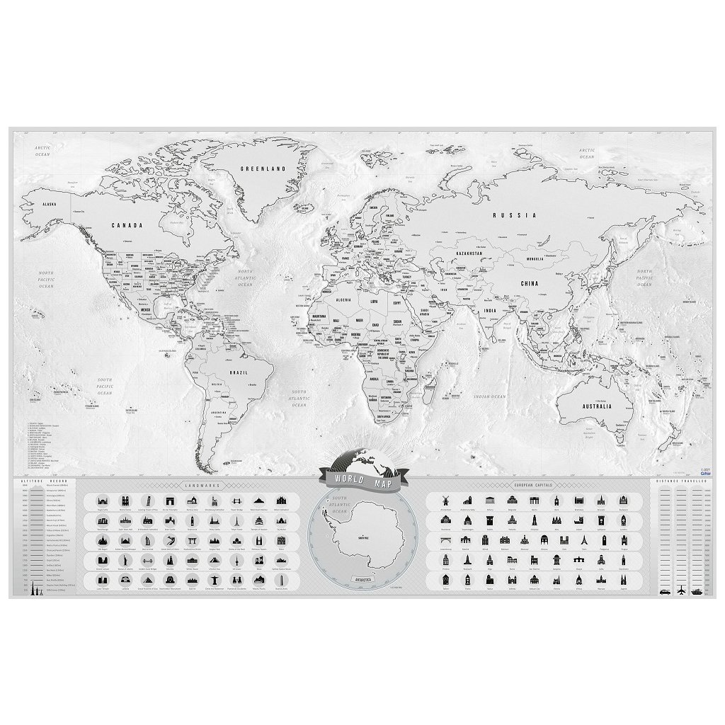 Stírací mapa Svět Deluxe XL Blanc stříbrná