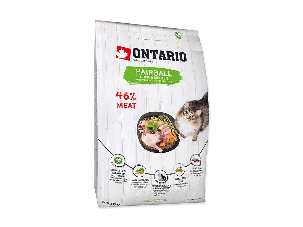 ONTARIO Cat Fresh Meat Hairball Duck & Chicken 6,5kg