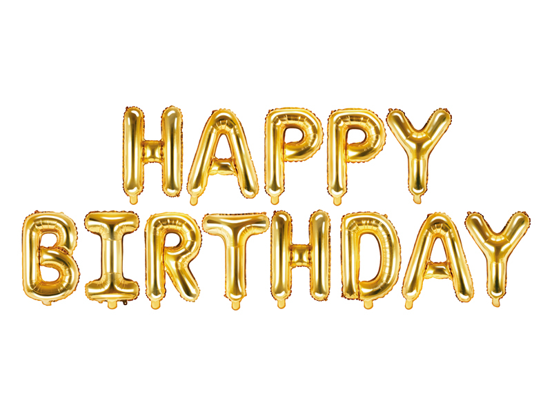 PartyDeco Fóliový balón - Happy Birthday nápis zlatý 340x35cm