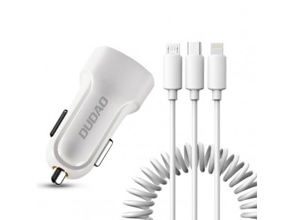 eng pl Dudao car kit 2x USB 2 4A charger 3in1 Lightning Type C micro USB cable white R7 white 55635 1