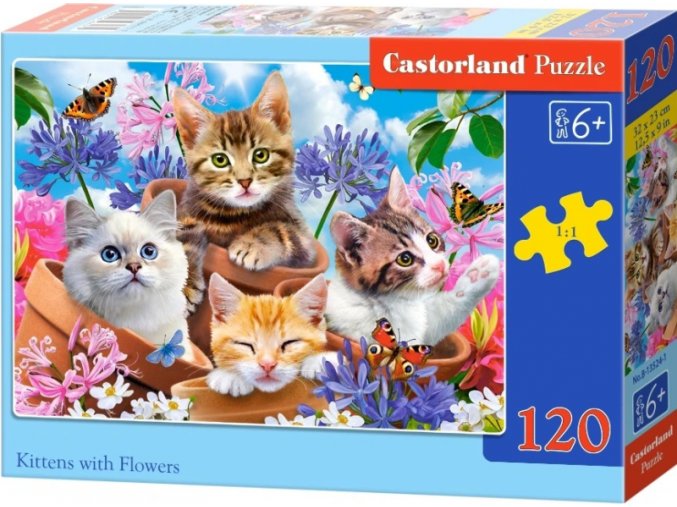 Puzzle 120 dílků - Koťátka s květinami