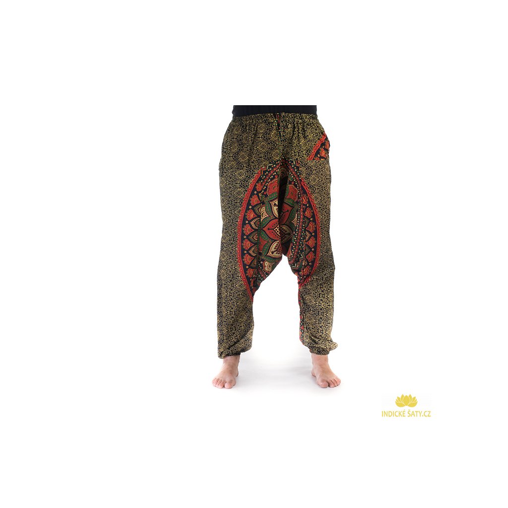 Harémové kalhoty s ručním tiskem Mandala žlutomodré