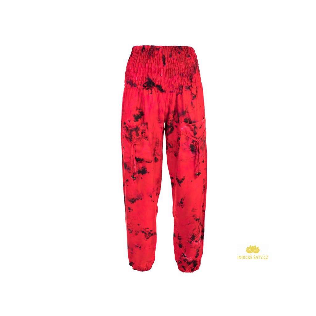 Batikované kalhoty s širokým pasem karkulkově červené
