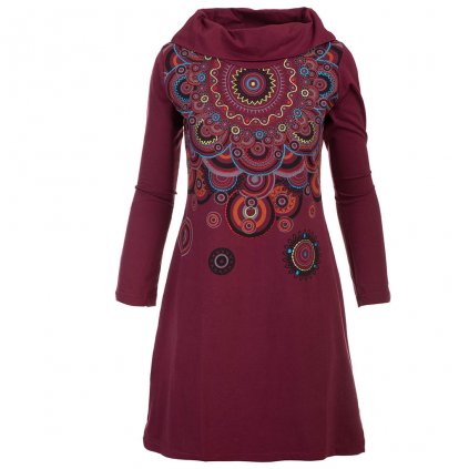 Šaty s dlouhým rukávem ze strečové bavlny s rolákem Mandala vínové