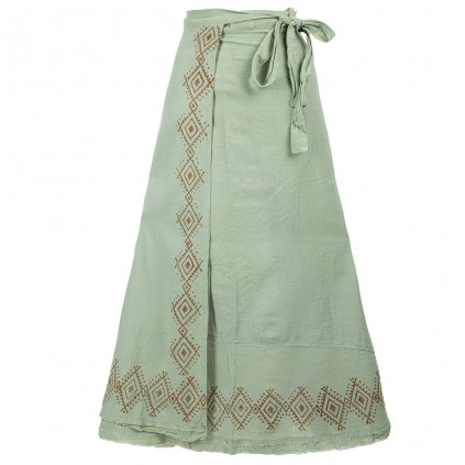 Dlouhá bavlněná zavinovací sukně s ručním tiskem světle zelenošedá
