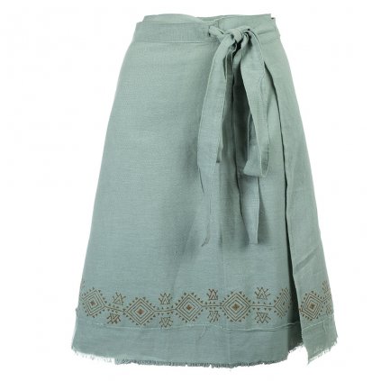 Krátká bavlněná zavinovací sukně s ručním tiskem světle modrozelená