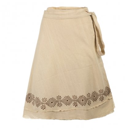 Krátká bavlněná zavinovací sukně s ručním tiskem velbloudí hnědá světlá