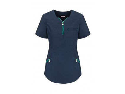 Lékařská halena MC dámská - námořnická modř se zelenou, polyester, bavlna, zúžená, prodyšná látka, elegantní, pohodlné, odolné, tři vnitřní kapsy, rozparky, zip, detaily, výstřih