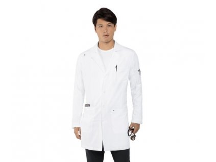 Lékařský plášť koi pánský, 5 kapes, bílá, polyester, strečový kepr, rukáv, menžety, kontrastní potisk, švy, rozparky