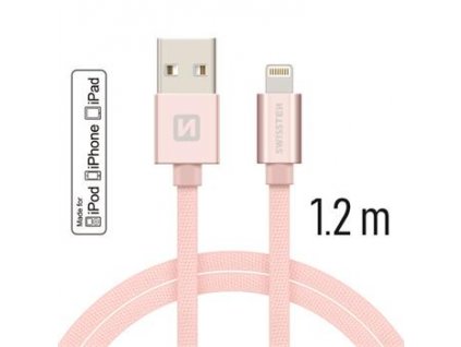 Nabíjecí a datový kabel - Swissten Textile - USB / Lightning - MFi - 1,2m - Růžový