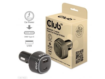 Club3D Auto nabíječka pro Notebooky 63W, 2 porty (USB-A + USB-C)