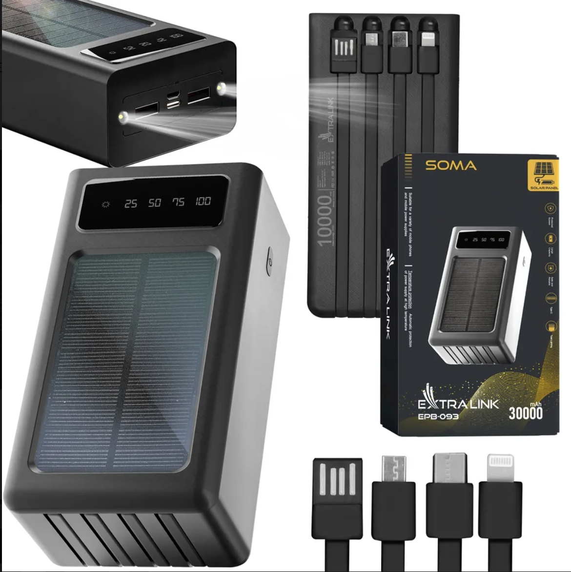 Solárna powerbanka, 30 000mAh, USB-C, Extralink EPB-093, čierna