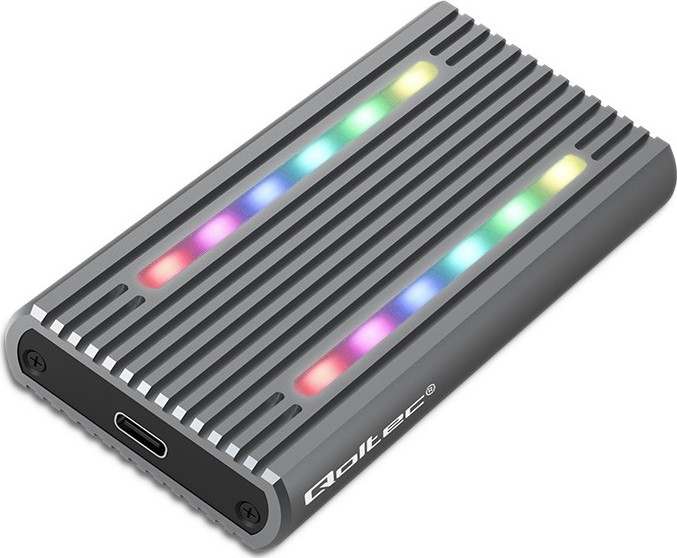 Qoltec Puzdro pre disk| M.2 SSD SATA | NVME | RGB LED | USB-C
