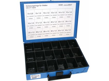 Pojistné kroužky na hřídel - vnější segrovky DIN 471, 8x0.8-34x1.5 mm, sada 180 ks v kufru
