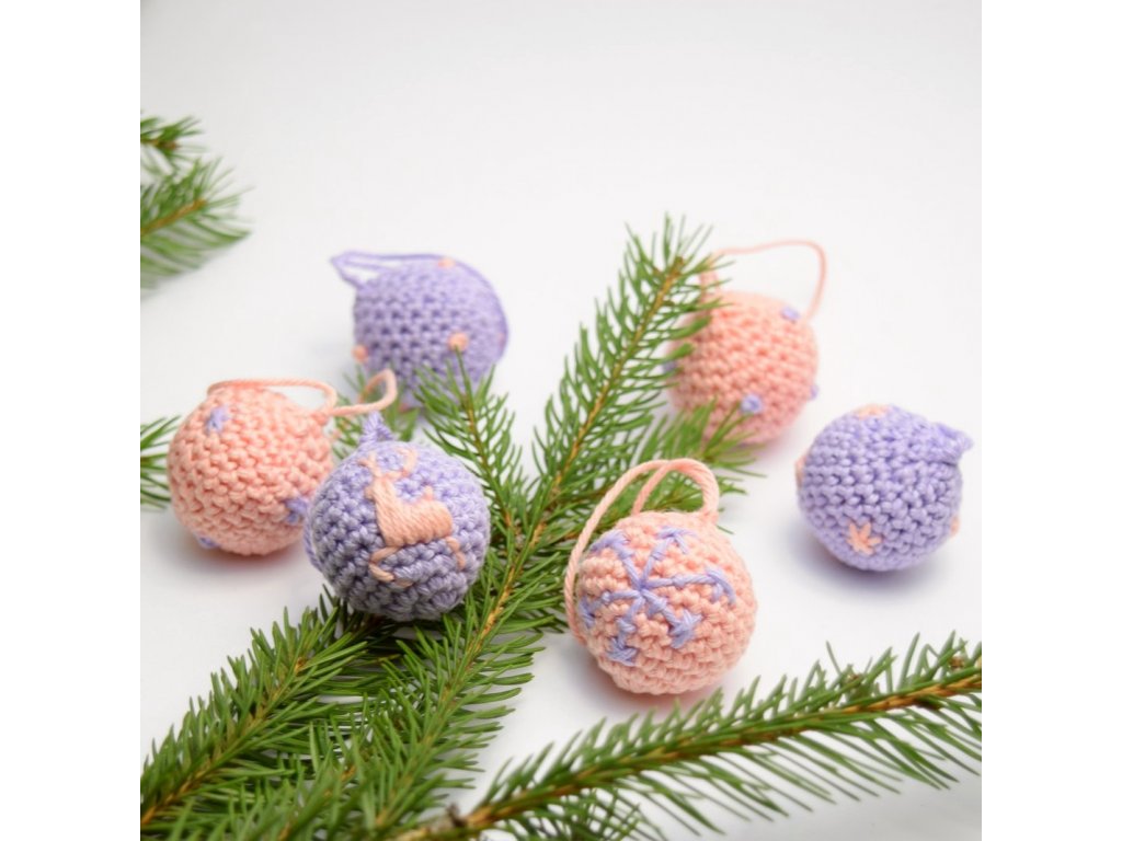 Sada vánočních minikouliček - 6 kusů - růžová/fialová