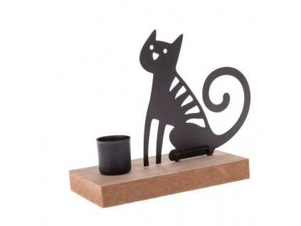 svícen stojan na svíčku kočka s kočkou kočičí s kočkami plech kov dřevo