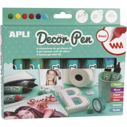 APLI, Decor Pen, sada dekoračních popisovačů s 3D efektem, perleťové, 6 ks