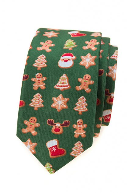Úzká vánoční kravata Avantgard - zelená / perníček