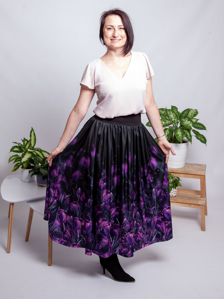 Dámská MAXI saténová sukně s kapsami autorský originální design Temné tulipány 11