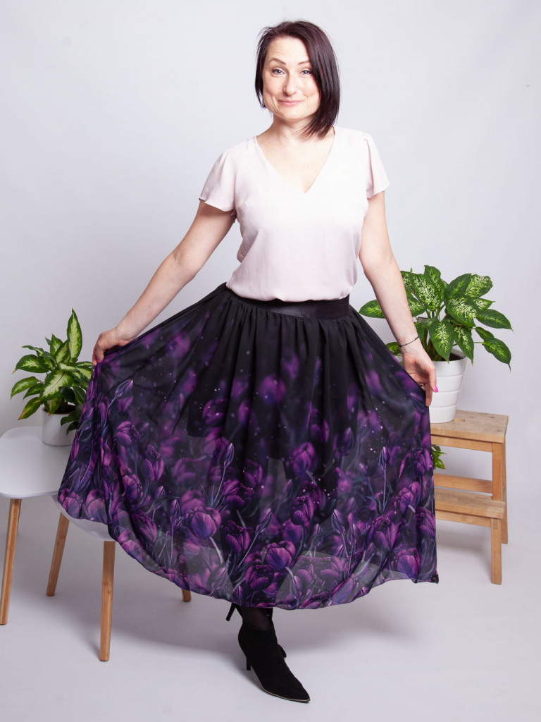 Dámská šifónová sukně autorský originální design Temné tulipány 9