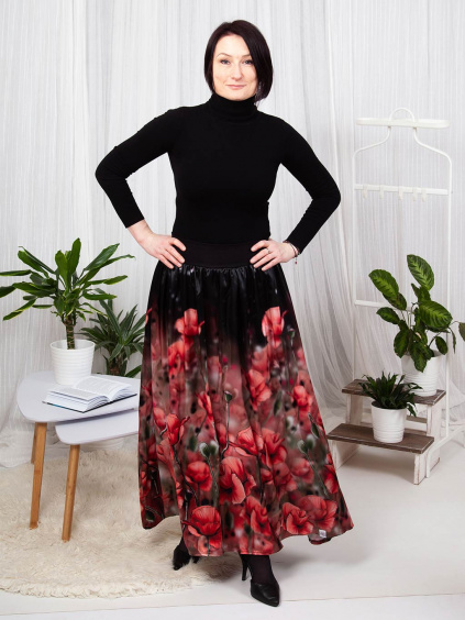 Dámská dlouhá maxi sukně saténová hedvábná sukně s kapsami do nápletu černo červená vlčí máky (17)