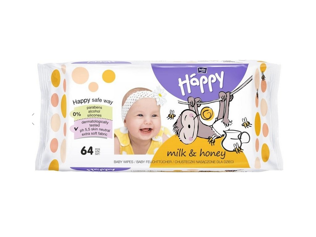 Bella Happy Vlhčené ubrousky mléko a med 64 ks