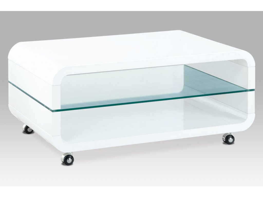 Konferenční stolek bílý se sklem a kolečky 90 x 60 x 40 cm
