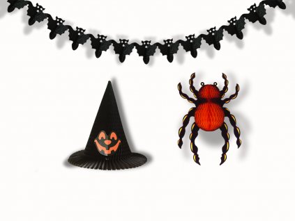Sada 3 ks papírových dekorací: pavouk, klobouk, řetěz s netopýry