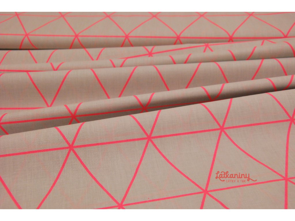 Bavlna geometrie růžové trojúhleníky, šedá