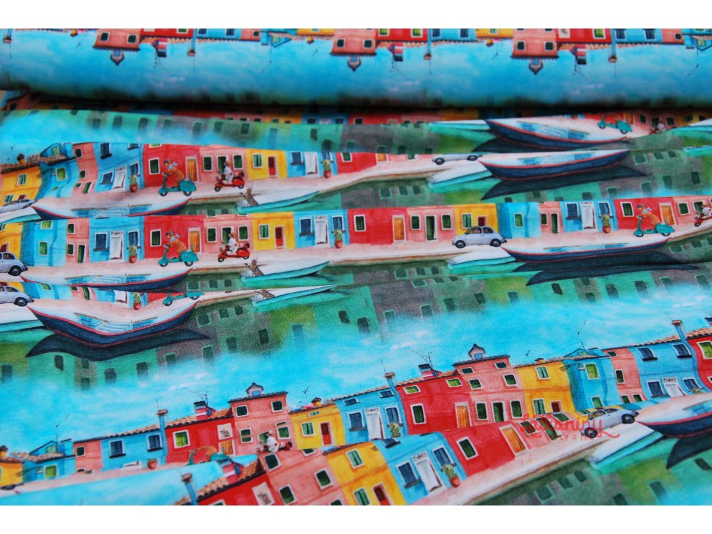 Úplet bavlněný barevné domečky z Nizozemí, tisk