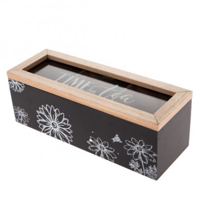 Krabička na čaj s kvietkami drevená čierna 23×8×8cm