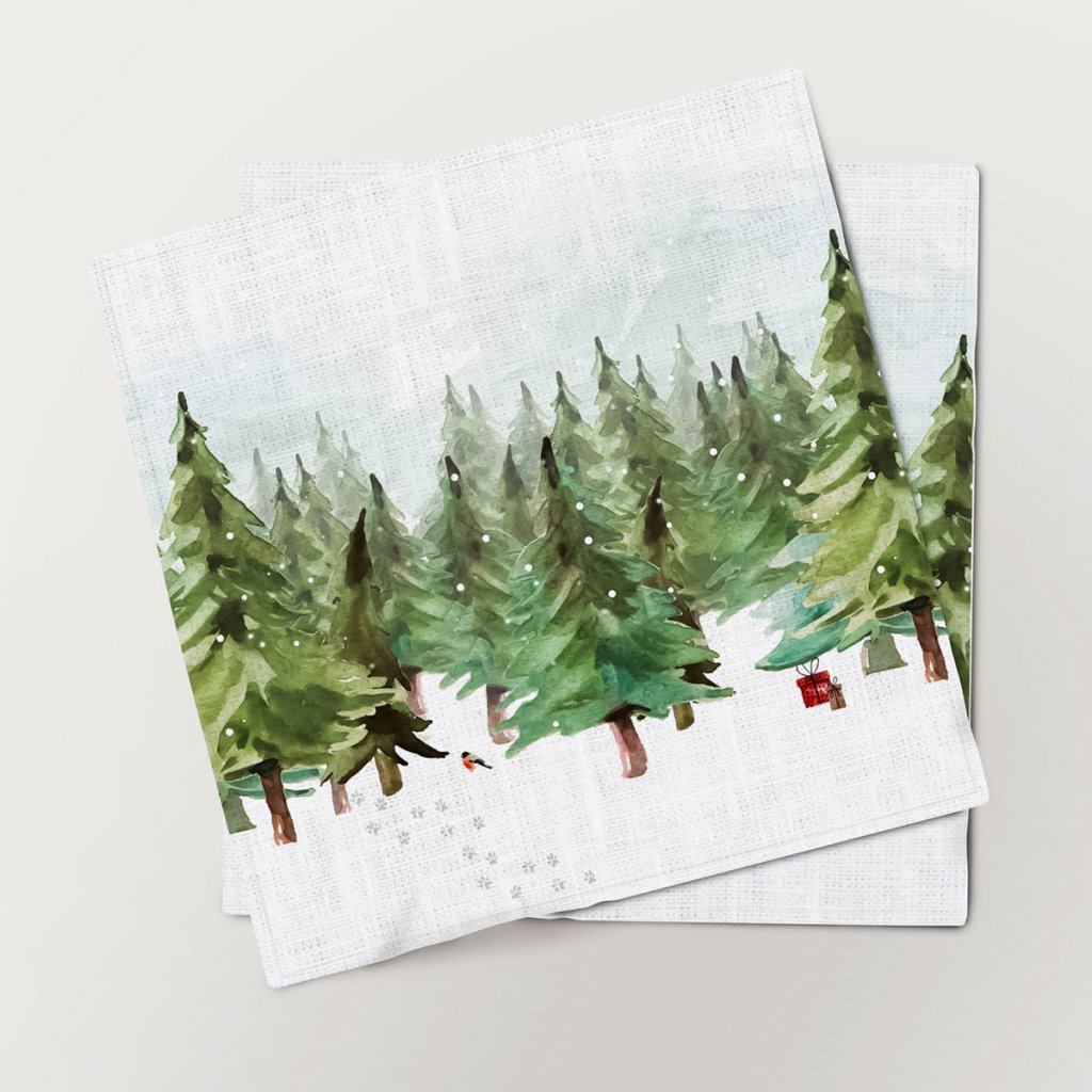 Lněné ubrousky 32x32 Vánoce zelené stromky