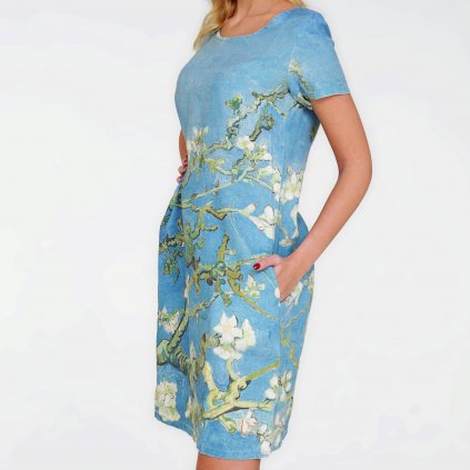 Šaty midi Vincent Van Gogh Mandlový květ / Almond Blossom tyrkysová Kr (Velikost EU 50)