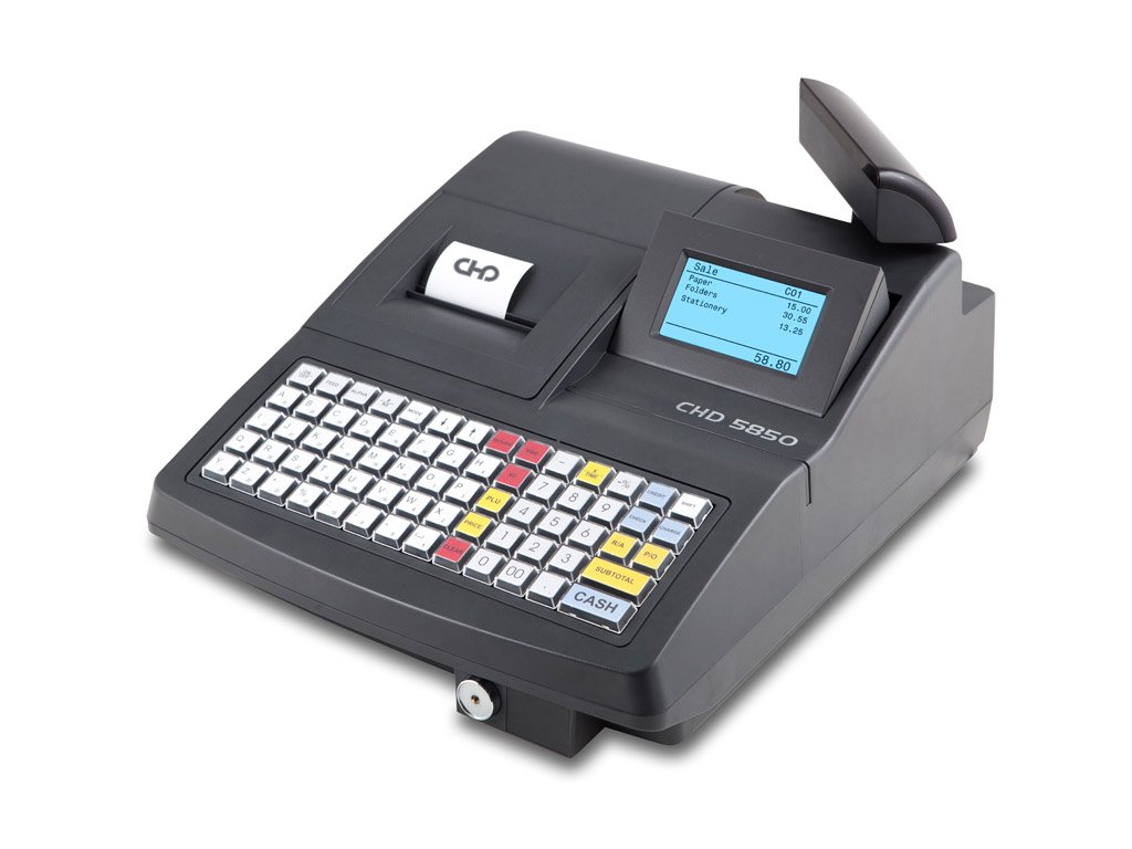 CHD 5850, obchodní pokladna  Obchodní pokladna včetně pokladní zásuvky připravená pro EET (e-tržby), vhodná do velkých prodejen