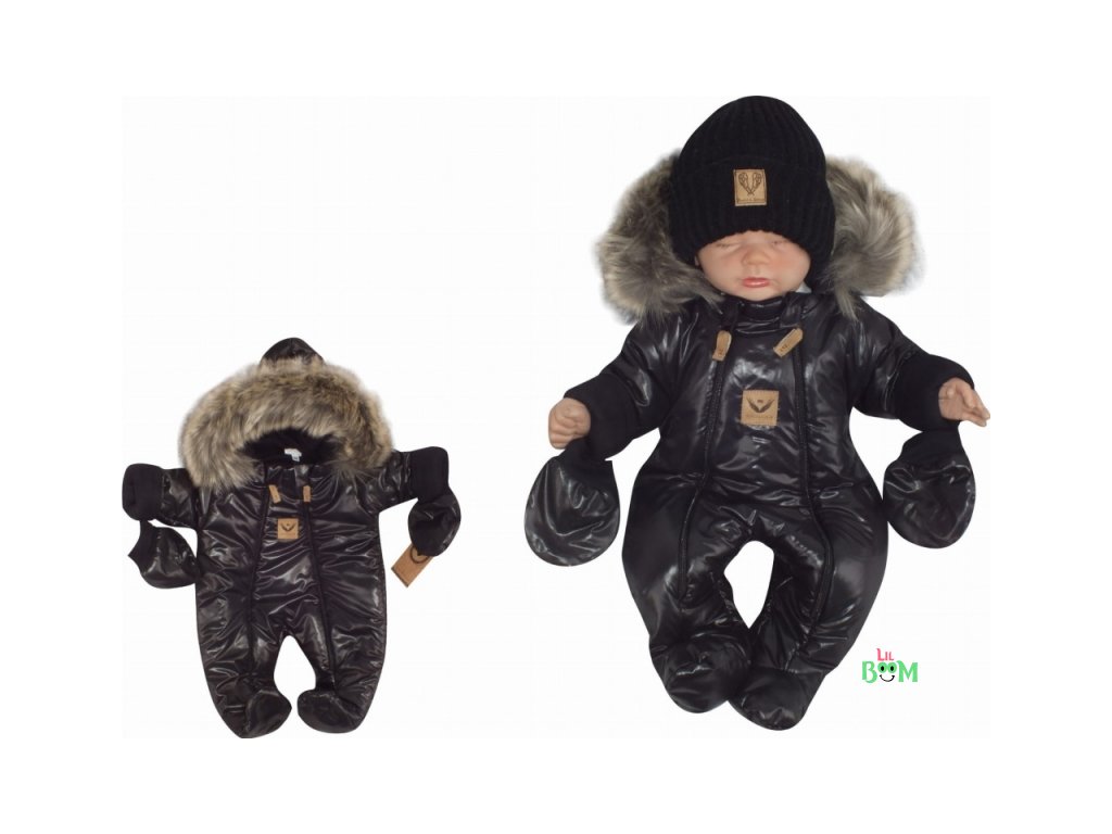 Zimní kombinéza s dvojitým zipem, kapucí a kožešinou + rukavičky Z&Z, Angel - černý