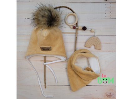 Zimní dvouvrstvá čepice na zavazování s bambulí z kožešinky + šátek Z&Z, béžová