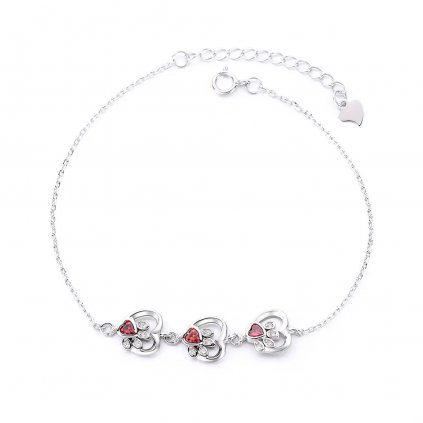 10095 Wspaniała srebrna bransoletka Trzy serca z czerwonymi i przezroczystymi cyrkoniami dla kobiet by majyacz