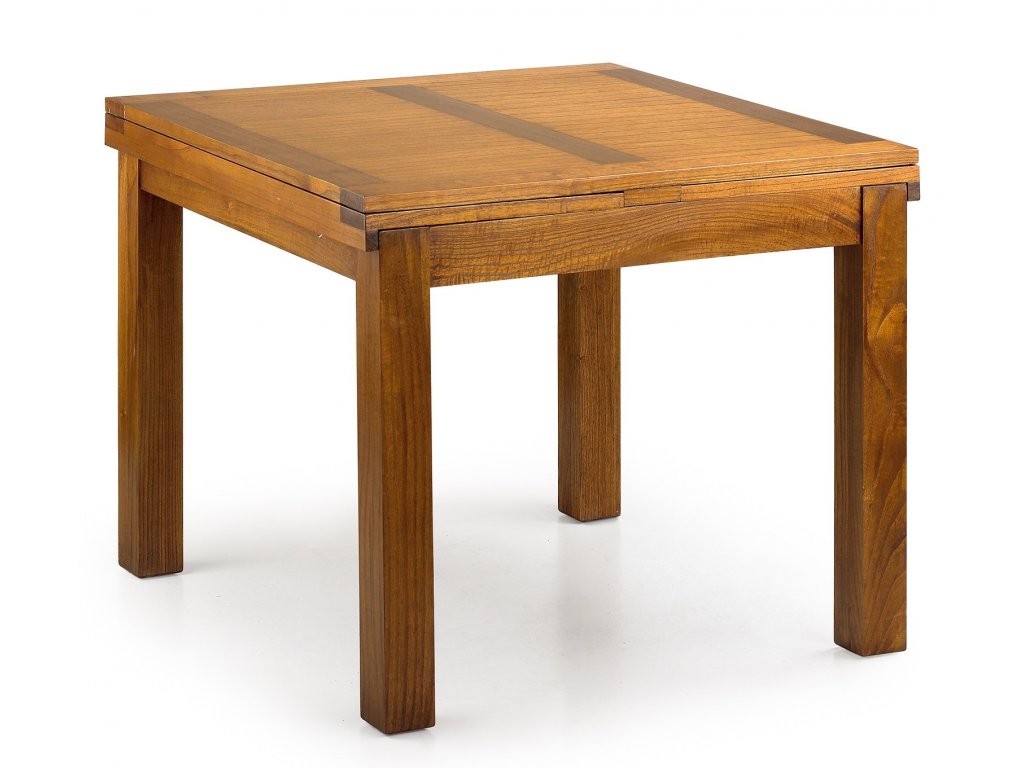 Masivní roztahovací jídelní stůl z exotického dřeva v medově hnědé barvě