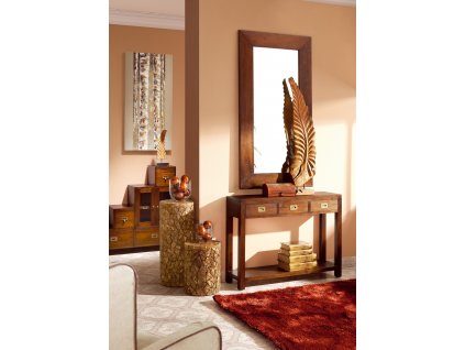 Předsíňová sestava dřevěného nábytku konzolový stolek, zrcadlo, mahagon.
