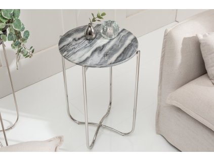 Luxusní odkládací stolek Marble II 38cm šedý mramor/stříbrný rám